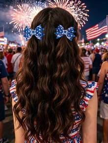 2pcs 4th Of July Blue Glitter Hair Bows For Girls Star Printed Bow Alligator Clips White Blue Striped Bow Hair Clips Delicate Independent Day Barrettes Patriotic Apparel Hairpins America 250th Anniversary Cute Headwear Teens Hair Accessories - Multicolor - View 2
