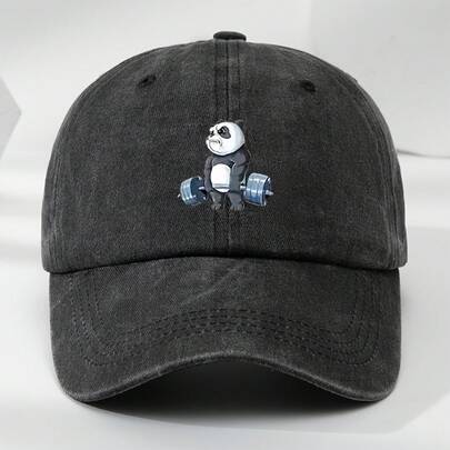 Cartoon Panda Print Baseball Cap, Washed Distressed Classic Flat Brim Hat, Soft Top Comfortable Moisture-Wicking Breathable Cap
