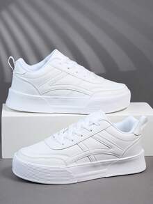 Men's Sneakers, Breathable All-Season Multi-Function Non-Slip Thick Sole Pure White Casual Leather Lace-Up Low-Top Oversized Sports Shoes - White - View 2