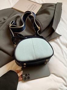 1pc Women's Colorblock Denim Satchel Bag, Fashionable Wide Strap Shoulder Bag Suitable For Commuting, Shopping, Gift - Multicolor - View 5