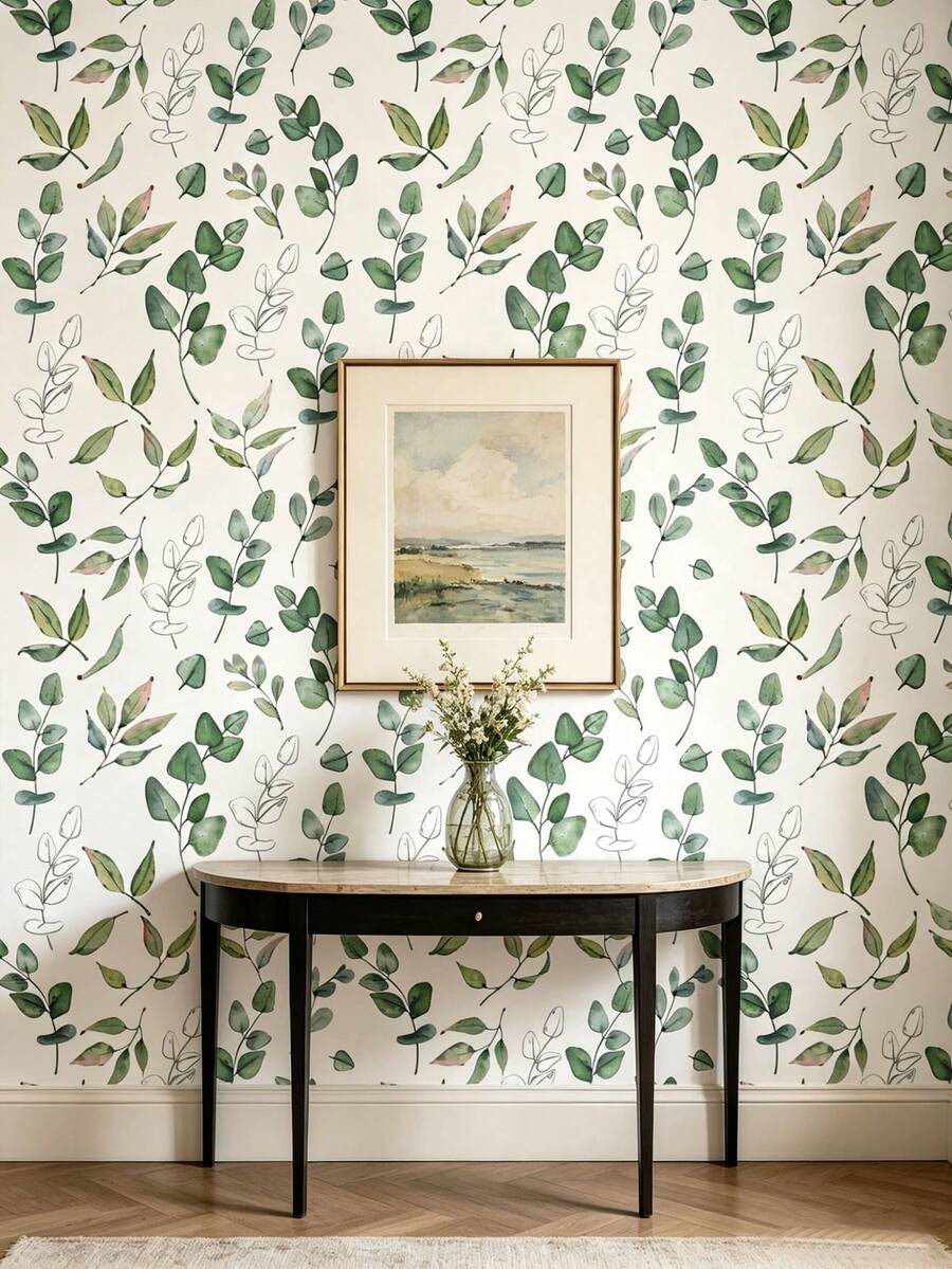 1 Roll Green Leaf Wallpaper, Bohemian Style Removable Design Wallpaper. Its Design Adopts A Modern Minimalist Self-Adhesive Style, Suitable For Cabinet Decoration, Bedroom Accent, Wall Panels With Removable Stickers, And Special Wall Surfaces Or Interior Decoration For The Entire Room. - Multicolor - View 1