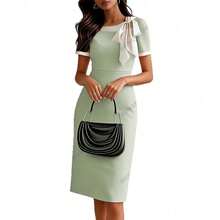 Vestido midi de mujer con cuello redondo lazo contraste elegante para fiesta de noche vestido de dama de honor ajustado con detalles de encaje nuevo diseño de moda - verde manzana - Ver 3