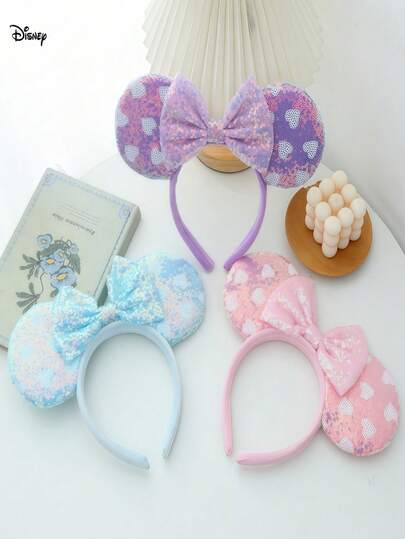 Disney Băng đô hình trái tim phối màu gradient của Minnie Mouse, thích hợp làm phụ kiện trang phục dự tiệc, đi biển, du lịch, băng đô nơ, quà tặng Giáng sinh và Halloween, phụ kiện tóc làm đẹp tại nhà, quà tặng Ngày của Mẹ.