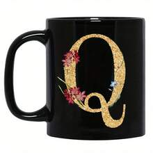 1pc Gold Letter & Floral Print Ceramic Coffee Mug, Beautiful & Practical Gift For Women, Girls, Office, Home Use - Black - View 29