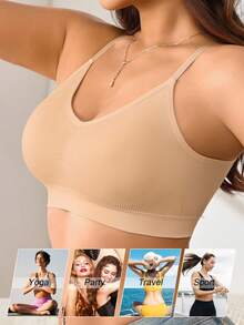 1pc Women's Wireless Sports Bra, Soft & Breathable, Adjustable Spaghetti Straps | Removable Pads | High Elasticity, Strong Support, Suitable For Sports & Daily Wear - Apricot - View 4