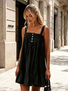 Vestido lencero para mujer, vestido corto de verano holgado, sin mangas, plisado y con volantes. - Negro - Ver 5