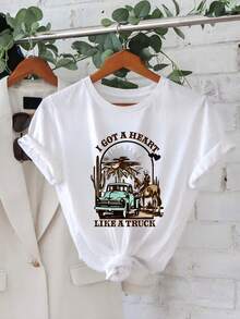 Camiseta Oversize Blanca Con Impresion De Camion Y Caballo  Para Verano - Blanco - Ver 2