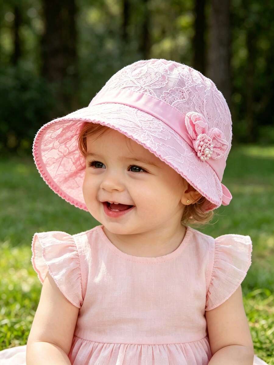 Mũ chống nắng cho bé, mũ công chúa ren hoa dễ thương vành rộng cho bé gái mùa xuân/hè. - 1PC - Xem 1