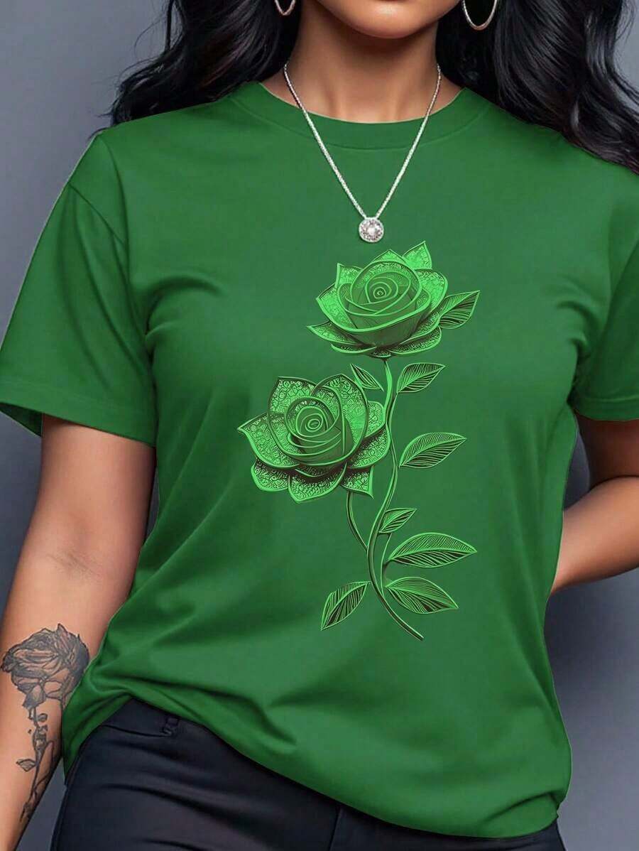 1 Pieza de Moda Casual para Hombres y Mujeres. Camiseta casual de mujer con cuello redondo y mangas cortas con estampado floral. Versátil, fácil de combinar, adecuada para uso diario, estilo urbano, conjuntos de vacaciones, conjuntos de fin de semana. - Verde - Ver 1