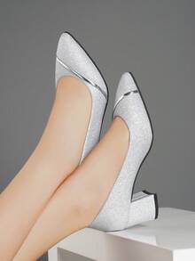 Stylish Women's Pointed Toe Block Heel Shoes, Shiny Upper, Comfortable & Versatile, Elegant Footwear - 銀色 - 查看 5