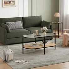 2-Tier Rattan Coffee Table,Modern Farmhouse Oval Rattan Coffee Table , Tempered Glass Top, Rattan Storage Shelf, - Star - View 7