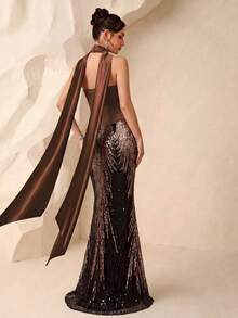 Bandeau Satin elegantes formelles Abendkleid mit Meerjungfrauen-Rock und wellenförmigem Paillettenband, Geburtstags- und Party-Abendkleid im leichten Socialite-Stil für Hochzeiten - Braun - Übersicht 5
