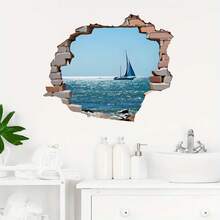 1pc 3D Visual Effect Broken Wall Seascape Sailboat Wall Sticker, High-Quality Flat Printing, Self-Adhesive Ocean Scenery Decor Sticker, Suitable For Living Room Bedroom Wall, Creative Wallpaper - Wall Stickers - View 4