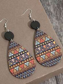1 Pair Retro Teardrop Wooden Printed Earrings, Women's Fashion Classical Printed Earrings - Multicolor - View 3
