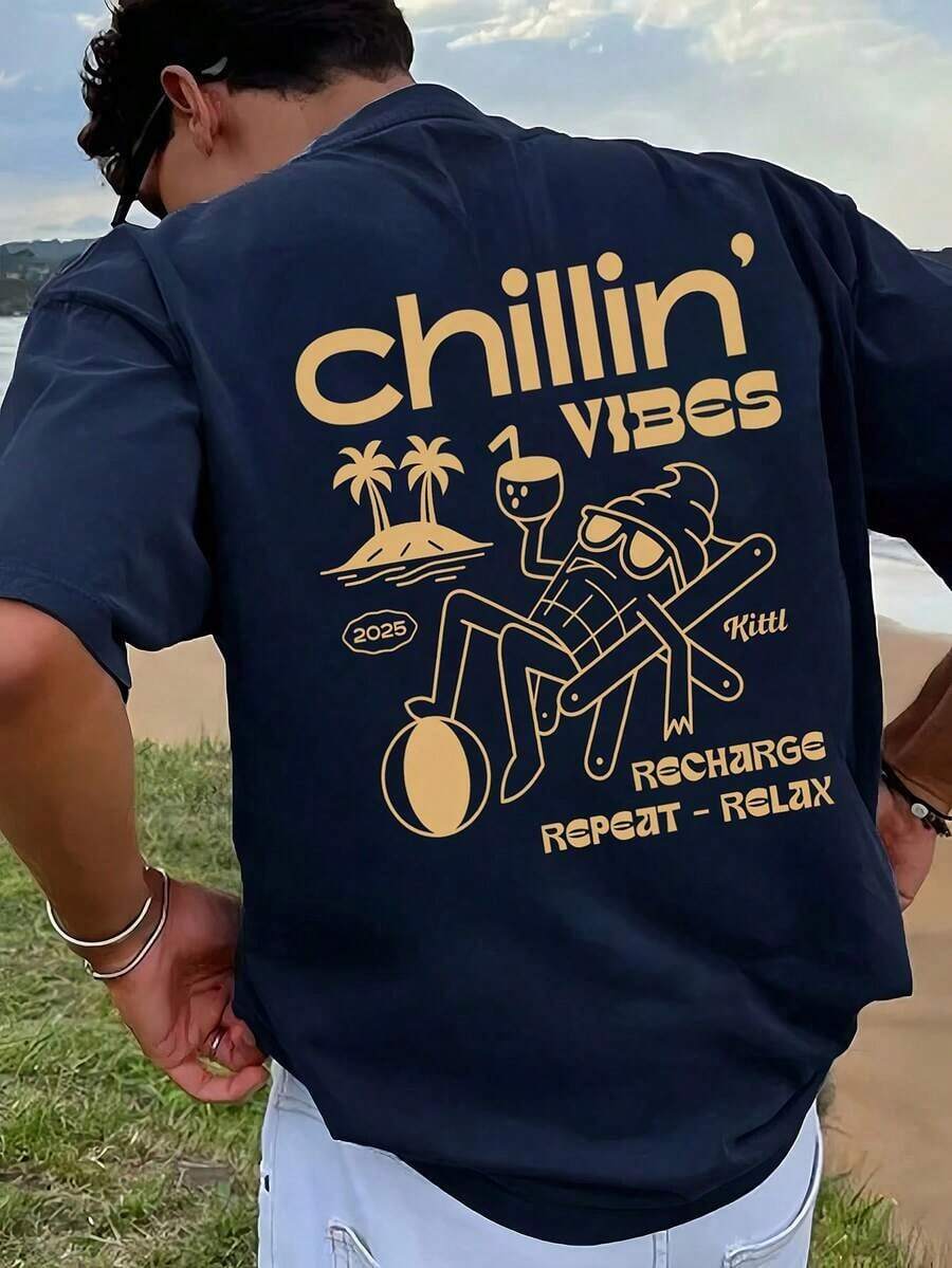 1 pieza Camiseta con estampado gráfico para hombre, ropa de playa de verano, camiseta de manga corta de corte holgado - Azul Marino - Ver 1