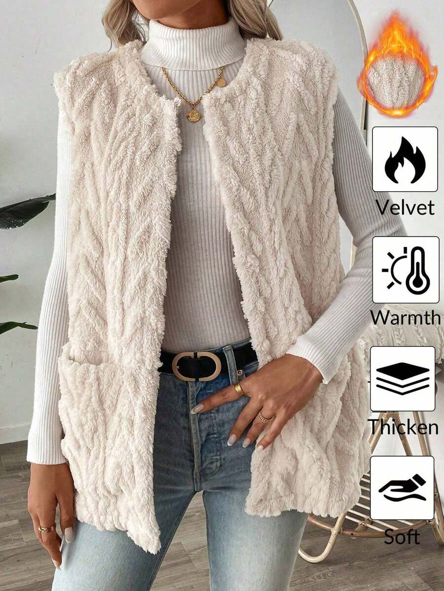 SUNSTORY Women's Winter Apricot Cable Knit Sleeveless Fleece Vest, Casual Versatile Style, Suitable For Layering, Commuting, Shopping, Store Visiting, Daily Outfits - Apricot - View 1