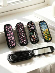 This 2-In-1 Folding Comb With Mirror And Massage Function, Printed With Cute Star, Heart, Sunflower And Colorful Flower Patterns. Portable And Lightweight, Perfect For Daily Commute, Business Trip, Travel, Outdoor Activities, Dating And Student Dorm Use, A Convenient And Practical Hair Styling Tool. - Black - View 8