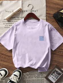 夏季新品簡約時尚藍色條紋印花休閒圓領短袖T恤，百搭時尚女款T恤 - 紫色 - 查看 6