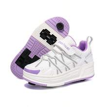 Girls/Boys 4-Wheel Adjustable Inline Skates With Brake, Transformable Roller Shoes, Suitable For All Seasons - White and Purple Four-wheel - View 15