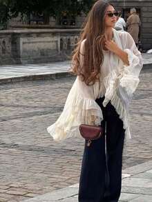 Boho Coquette Sheer Ruffle Kimono - Flowy Chiffon Open Front Cover-Up With Neck Scarf - Trắng ngà - Xem 7
