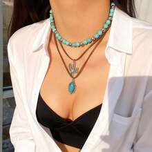 Boho Turquoise Layered Choker Necklace Set Western Cow Skull Pendant Long Chain Neckwear Retro   Jewelry For Women Festival Accessories Coastal Cowgirl Aesthetic  Summer Party Gifts For Her - 03 - 查看 5