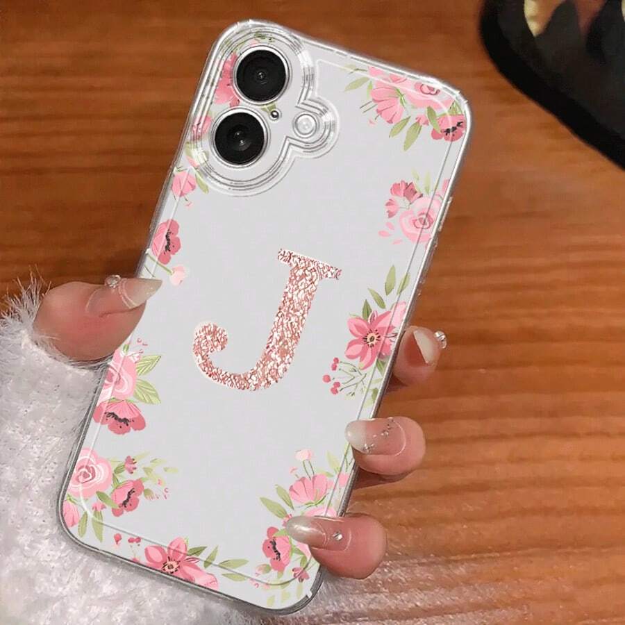 1个花卉字母个性化透明全包防震TPU手机壳，兼容 17/16/15/14/13/12/11 Pro Max、A5/54/53/52/51、S25/24/23/22/21 Ultra - 無色 - 查看 1