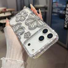 TPU极简花卉元素时尚电镀复古水钻3D立体花朵手机壳，兼容 14、14 Pro、14 Plus、14 Pro Max、15、15 Pro、15 Pro Max、16、16 Pro、16 Plus、16 Pro Max、17、17 Pro、17 Air、17 Pro Max，春季礼物，生日周年纪念派对佳品 - 銀色 - 查看 2