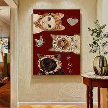 Con marco Póster de Pared de Gato en 2D Plano, 1 Pieza Enmarcado - Pintura Moderna en Lienzo Envolvente Vertical con Fondo Rojo y Gatos con Pañuelo, Decoración Colgante Adecuada para Dormitorio, Cocina, Oficina - Decoración de Invierno/Primavera, Lienzo de Tinta - Enmarcado - Ver 3