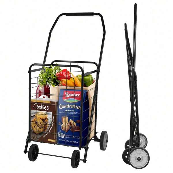 Foldable Shopping Cart,Lightweight Utility Trolley,With Wheels, Easy To Assemble And Store, For Groceries, Laundry & Travel,Black