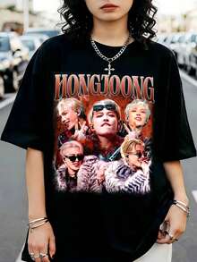 ATEEZS Hongjoong Retro Bootleg Graphic Casual Loose Fit T-Shirt - 黑色 - 查看 6