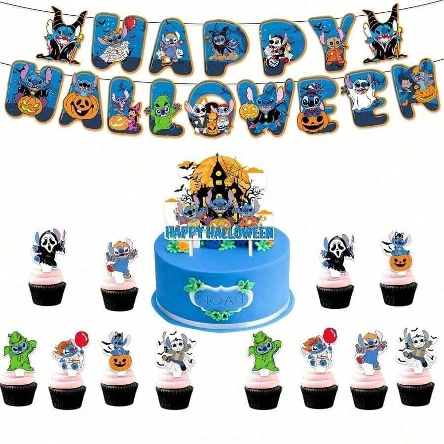 14pcs Halloween Stitch Style Cupcake Toppers Cake Decorations, DIY Baking Party Supplies - Multicolor - View 1