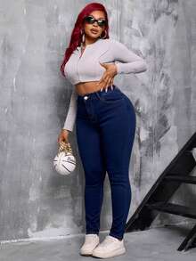 Curvy Size Skinny Jeans In Dark Wash Denim, Medium Stretch - Deep Blue - View 5