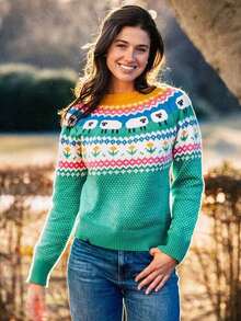 Women's Knitted Crew Neck Long Sleeve Pullover With Ribbed Knit Details, Regular Length, Sheep And Floral Pattern, Suitable For Commuting In Autumn And Winter - Green - View 5