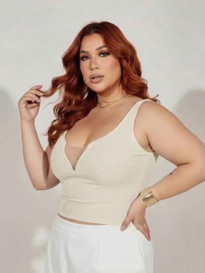 Cropped Plus Size Feminino Decote Tule Transparente Manga Curta Confortável Elegante Casual