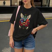 Camiseta Negra con Estampado de Máscaras Luchadoras y Rosas para Mujer Casual - Negro - Ver 3