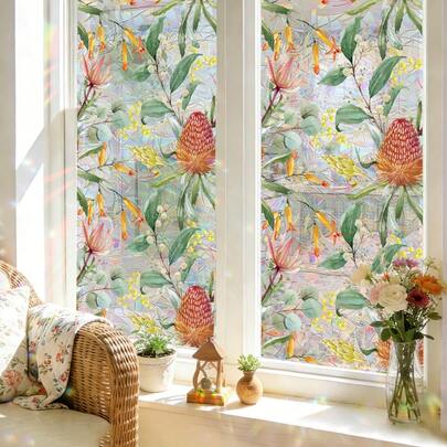 1/6pcs Watercolor Floral And Plant Rainbow Prism Window Film, Glue-Free, Reusable PVC Electrostatic Adsorption Window Film, Suitable For Kitchen, Bathroom, Office, Bedroom, And Living Room Decoration.