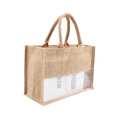 1 chiếc túi tote vải bố màu gỗ tự nhiên có cửa sổ phía trước | Túi mua sắm bằng vải lanh phong cách mộc mạc tối giản với cửa sổ trong suốt phía trước, túi tote chắc chắn, túi mua sắm, túi đựng quà, túi đựng đồ hàng ngày cho đám cưới, sinh nhật, sử dụng hàng ngày