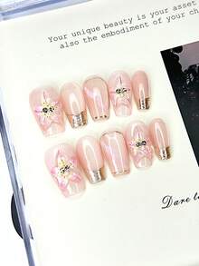 10 pièces Stickers pour ongles français à base semi-transparente rose nude avec cadre doré, décoration florale rose peinte à la main avec strass et ligne métallique, élégants et luxueux, réutilisables. Comprend 1 pièce autocollant adhésif, 1 pièce bâtonnet en bois, 1 pièce lime à ongles. Convient pour le port quotidien ou les fêtes. - Multicolore - Voir 4