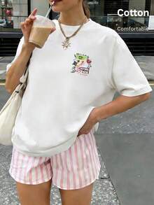 Einteiliges, übergroßes Damen-T-Shirt aus Baumwolle mit Graffiti-Print, sommerliche Streetwear-Edition, atmungsaktiv und lässig mit Rundhalsausschnitt. - Weiss - Übersicht 8