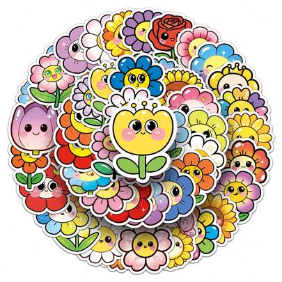 50pcs Cute Cartoon Smiling Face & Flower Stickers, DIY Scrapbooking Stickers, Kawaii Sunflower Stickers Suitable For Water Bottles, Laptops, Notebooks, Luggage, Fridges, Etc.