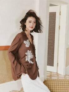 Women's Woven Embroidered Drawstring Long Sleeve Shirt, Regular Fit Top Vacation Spring - Coffee Brown - View 4