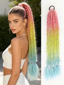 Ponytail Extension With Hair Tie 24 Inch Colored Hair Extensions For Braiding Colorful Ombre Pony Tail Hair Extensions For Braids Rainbow Festival Rave Crazy Hair Day 1 Pack (Pink Yellow Blue) - Multicolor - View 2