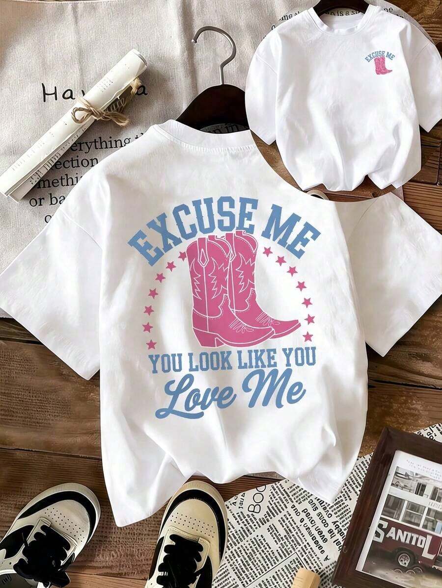 Women's Summer T-Shirt With Custom Red Boots Graphic Print, Western Style, Round Neck, Casual Pink Printed T-Shirt For Women, 100% Cotton, Soft Fabric, Short Sleeve - 白色 - 查看 1