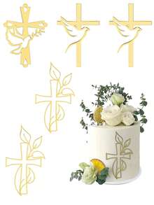 Gold Dove Cross Acrylic Cupcake Toppers, Mirror Acrylic Cake Decorations, Suitable For Christening, Communion, Baby Shower, Birthday, Wedding And Other Occasions - Multicolor - View 1