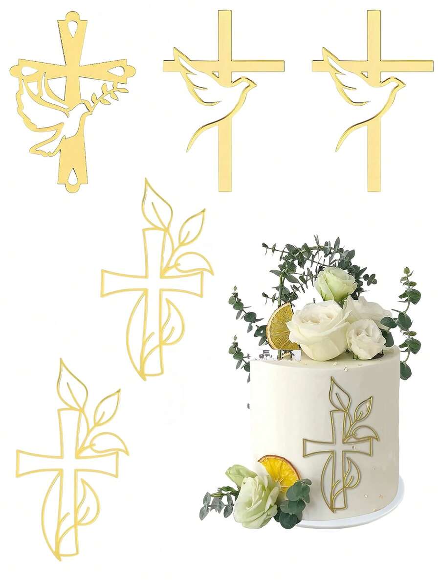 Gold Dove Cross Acrylic Cupcake Toppers, Mirror Acrylic Cake Decorations, Suitable For Christening, Communion, Baby Shower, Birthday, Wedding And Other Occasions - Multicolor - View 1