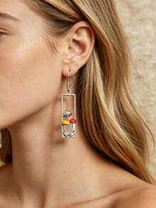 1 paire de boucles d'oreilles pendantes rectangulaires ajourées en forme de champignon, inspirées de la nature. Convient pour les vacances et le port quotidien des femmes. - Argent - Voir 2
