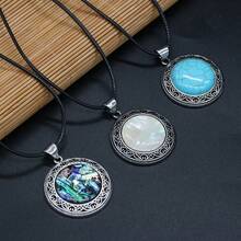38x42mm Natural Crystal Agate Semi-Precious Stone Round Pendant, Gemstone Inlaid Alloy Abalone Shell Necklace - Water Drop Natural Stone Pendant - View 1
