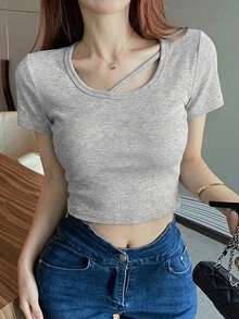Kaos Wanita Pendek dengan Tali Pita Warna Kontras, Kasual Musim Panas - Grey - View 5