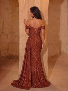 ADYCE Sequin Off-Shoulder Ruched Waist Tie-Front Slit Backless Cocktail Party Dress, Elegant Formal Evening Gown For Wedding Guest, Formal Dinner, Graduation Ceremony, Christmas Party Spring - 亮橙色 - 查看 2