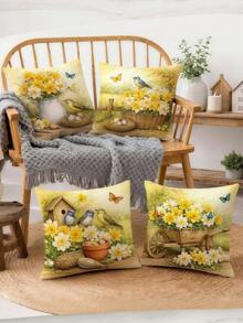 2D Plano 4 piezas Fundas de cojín vintage con flores y pájaros de primavera, fundas de cojín decorativas cómodas en amarillo-verde, impresión de un solo lado, adecuadas para sala de estar, dormitorio, sofá, decoración de cama, rellenos de cojín no incluidos - Mostaza Amarilla - Ver 4